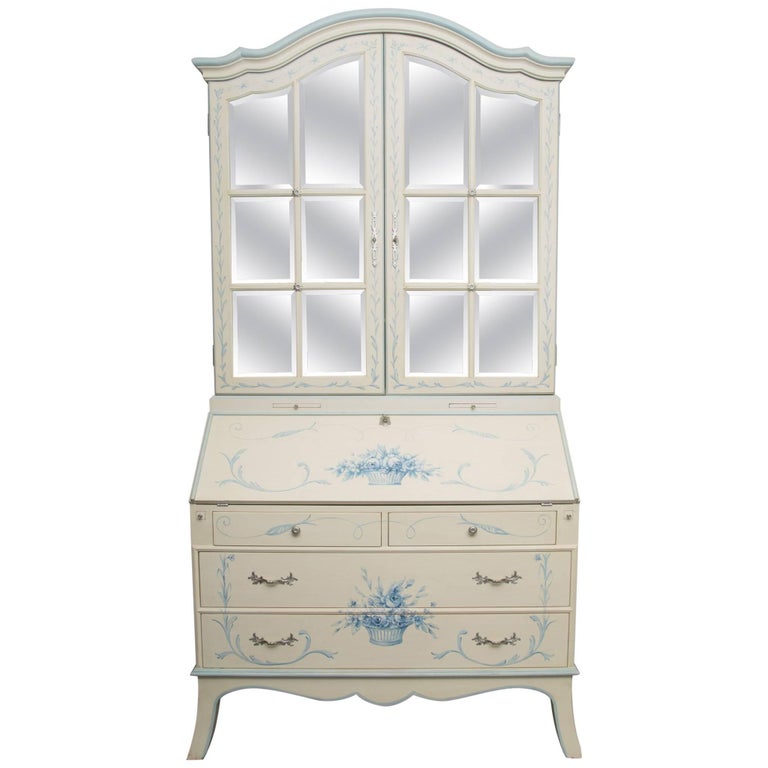 Custom HandPainted Secretary Desk with Mirrored Doors For Sale at 1stDibs