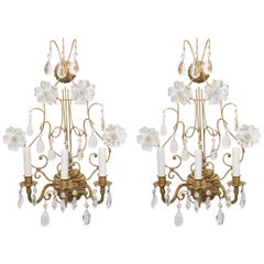 Pair of Italian Gilt Metal and Crystal Electrified Sconces