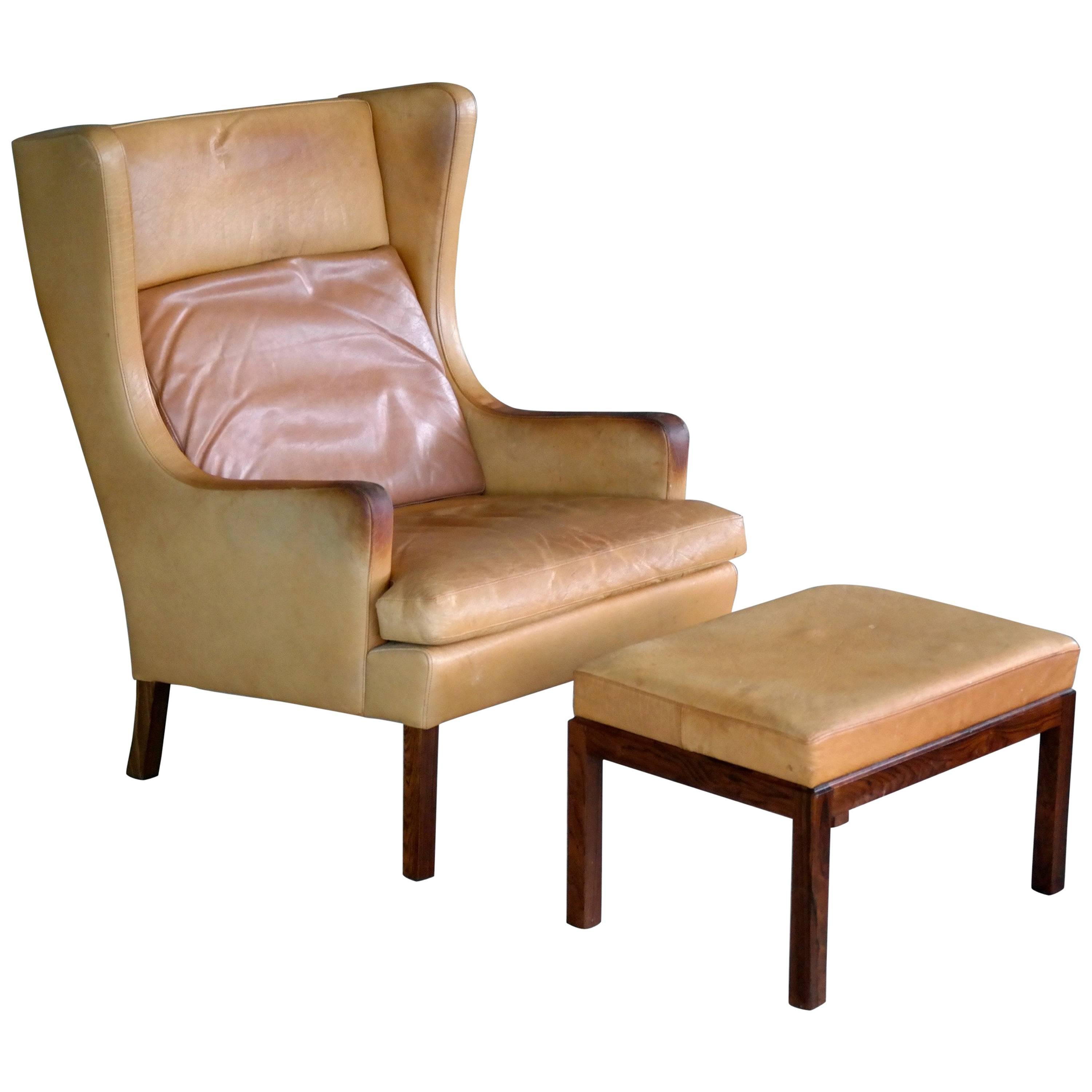 Borge Mogensen Style Wingback Lounge Chair and Ottoman in Butterscotch Leather