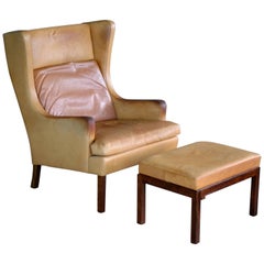 Borge Mogensen Style Wingback Lounge Chair and Ottoman in Butterscotch Leather