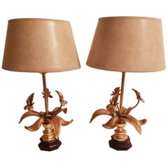 Two Brass Orchid Table Lamps, 1970s, Belgium