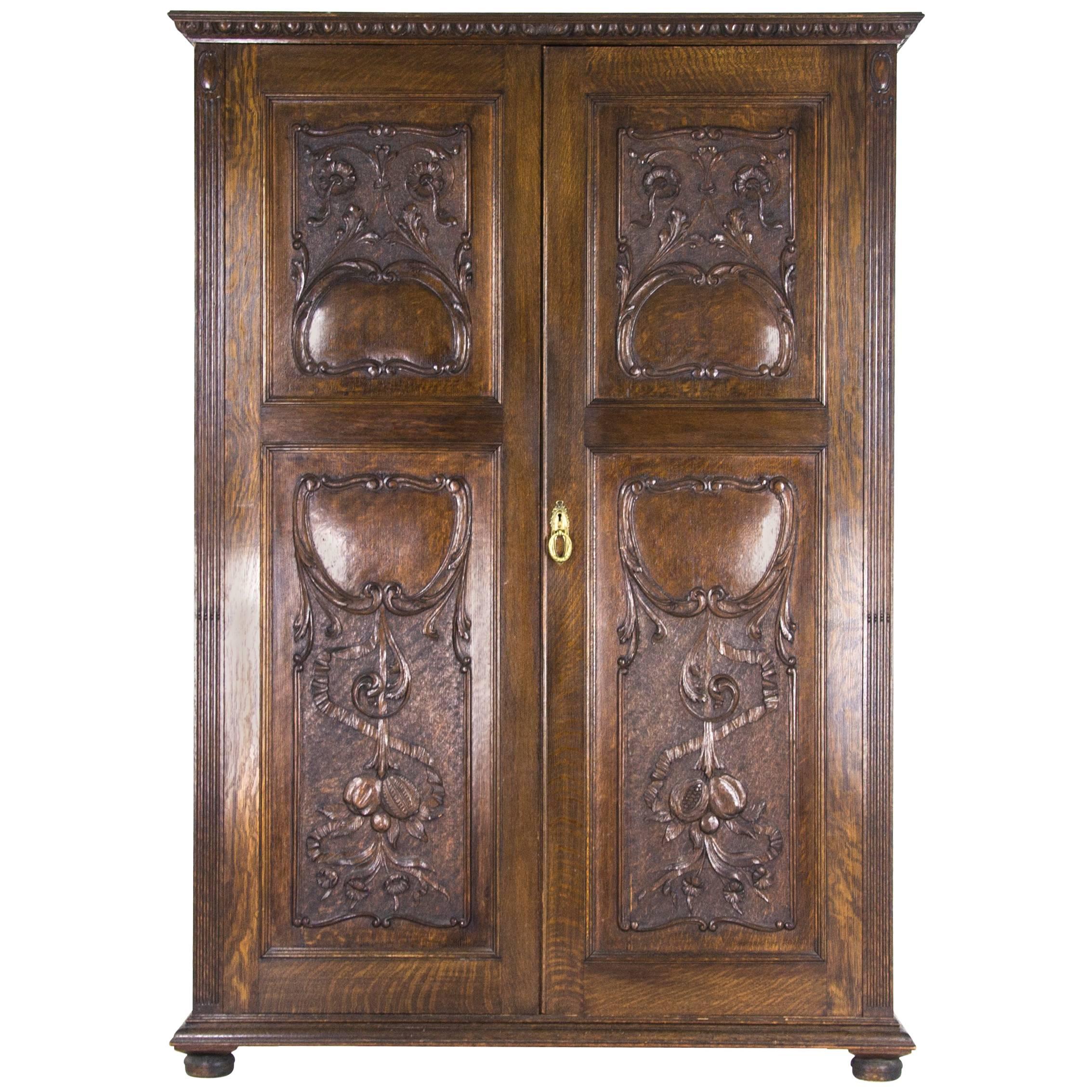 Antique Armoire Heavily Carved Tiger Oak Scotland, 1890