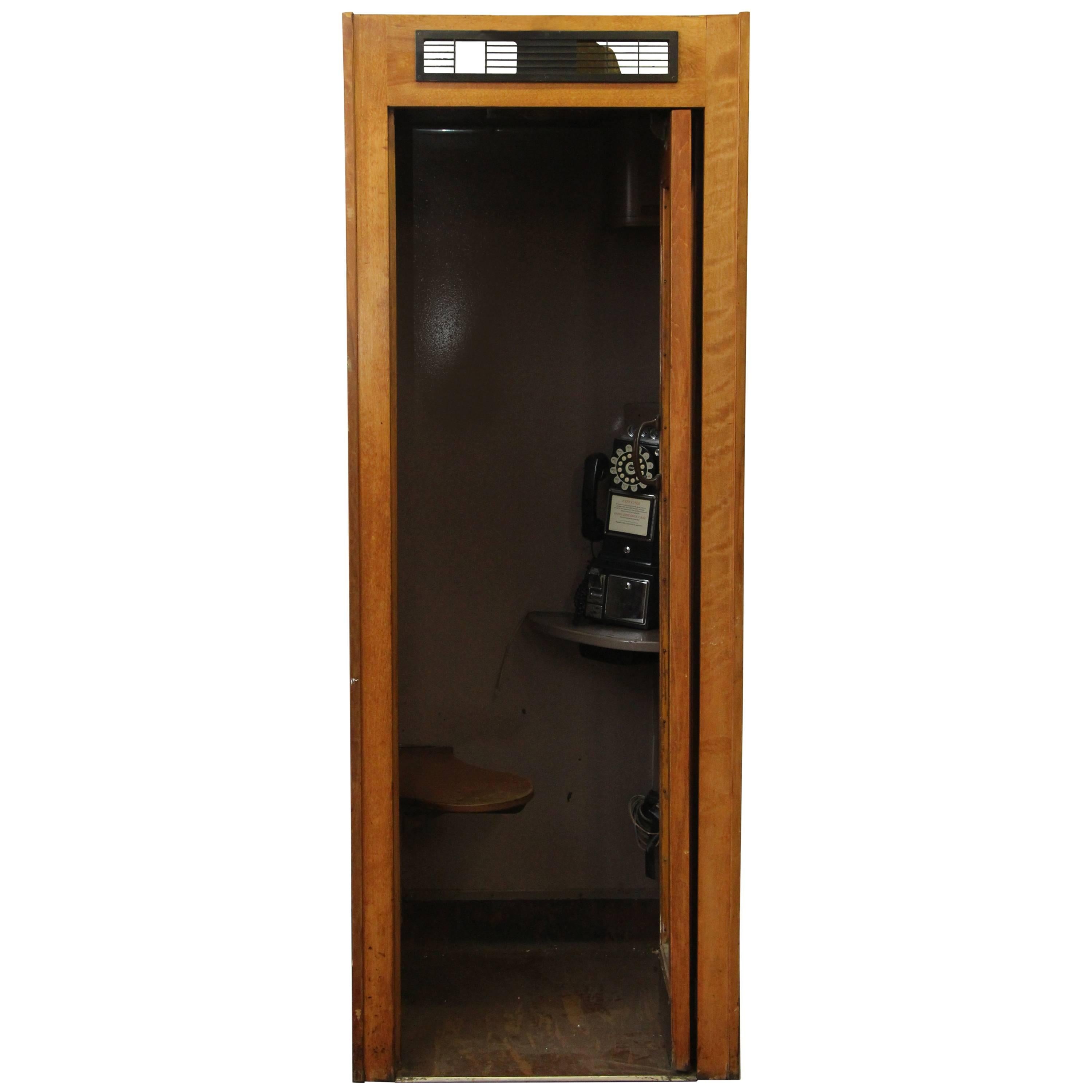 1950s Wooden Phone Booth with Rotary Dial Phone