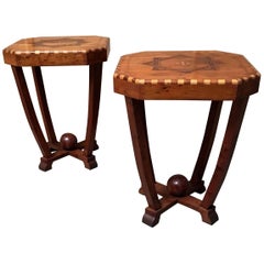 Pair of Rustic Modernist Side Tables with Geometric Inlaid Top