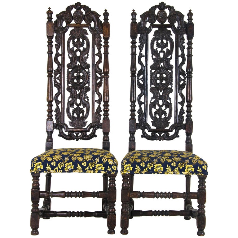 Antique Carved Chairs, Carolean, Upholstered, High Back, Scotland Antique Carved Chairs, Carolean, Upholstered, High Back, Scotland, 1870 REDUCED! - Antique Carved Chairs, Carolean, Upholstered, High Back, Scotland