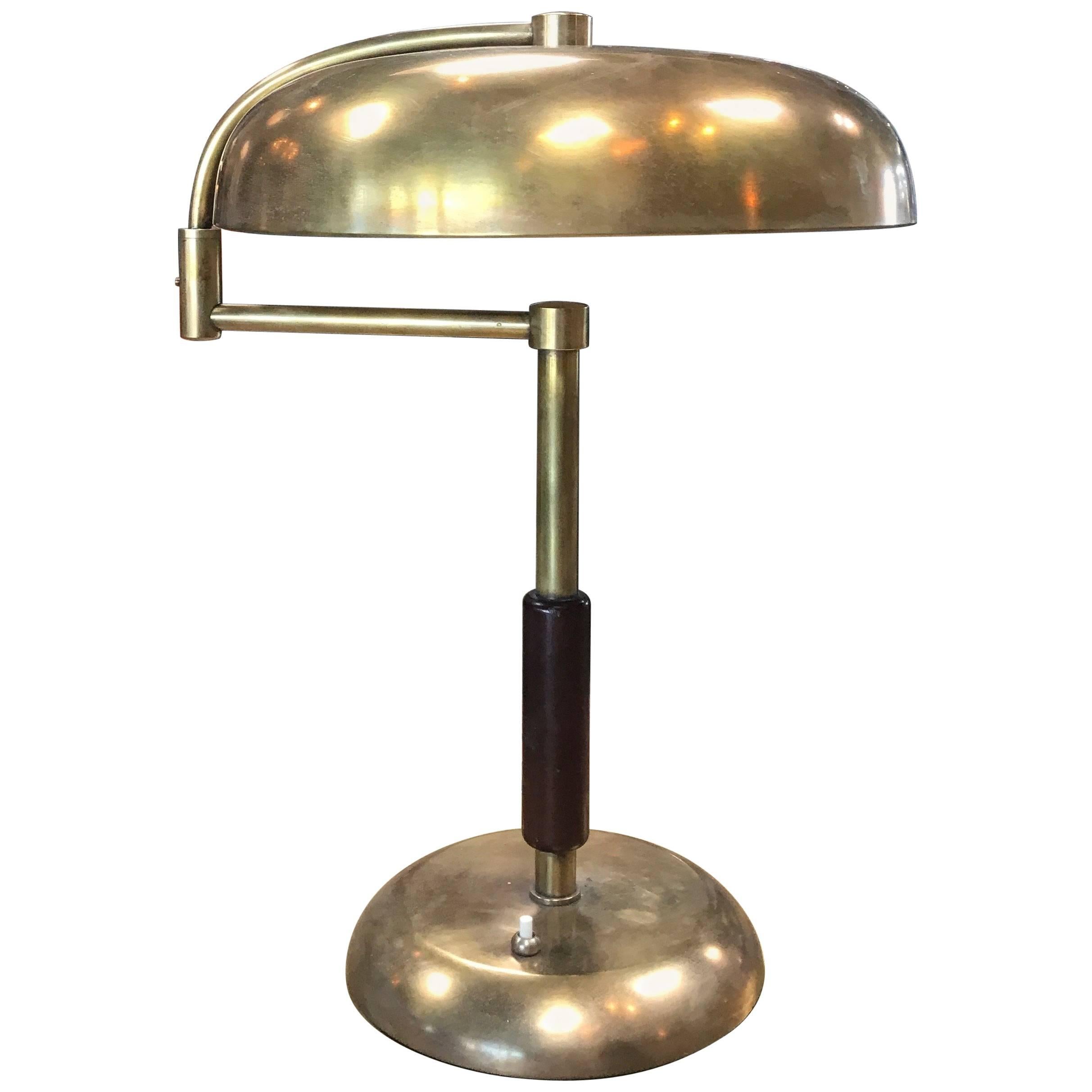 Italian Table Lamp in Brass and Wood with Swing Arm