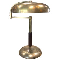 Retro Italian Table Lamp in Brass and Wood with Swing Arm
