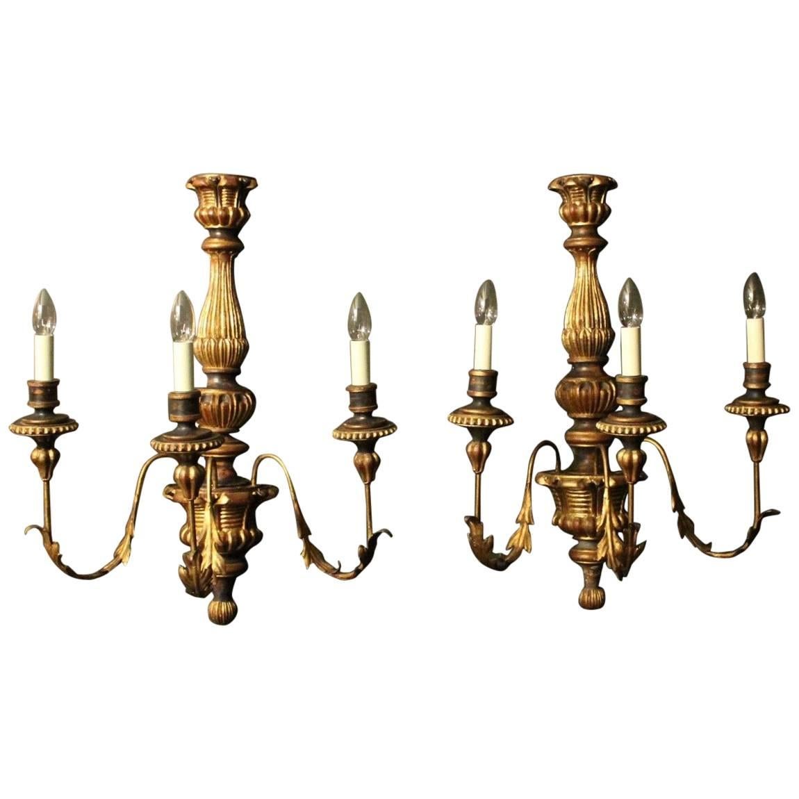 Florentine Large Triple-Arm Toleware and Giltwood Wall Lights