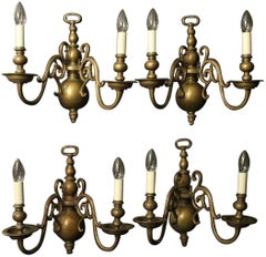 Flemish 19th Century Set of Four Bronze Twin-Arm Antique Sconces