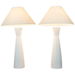 Midcentury Vintage Large Opaque White Glass Lamps with Original Shades