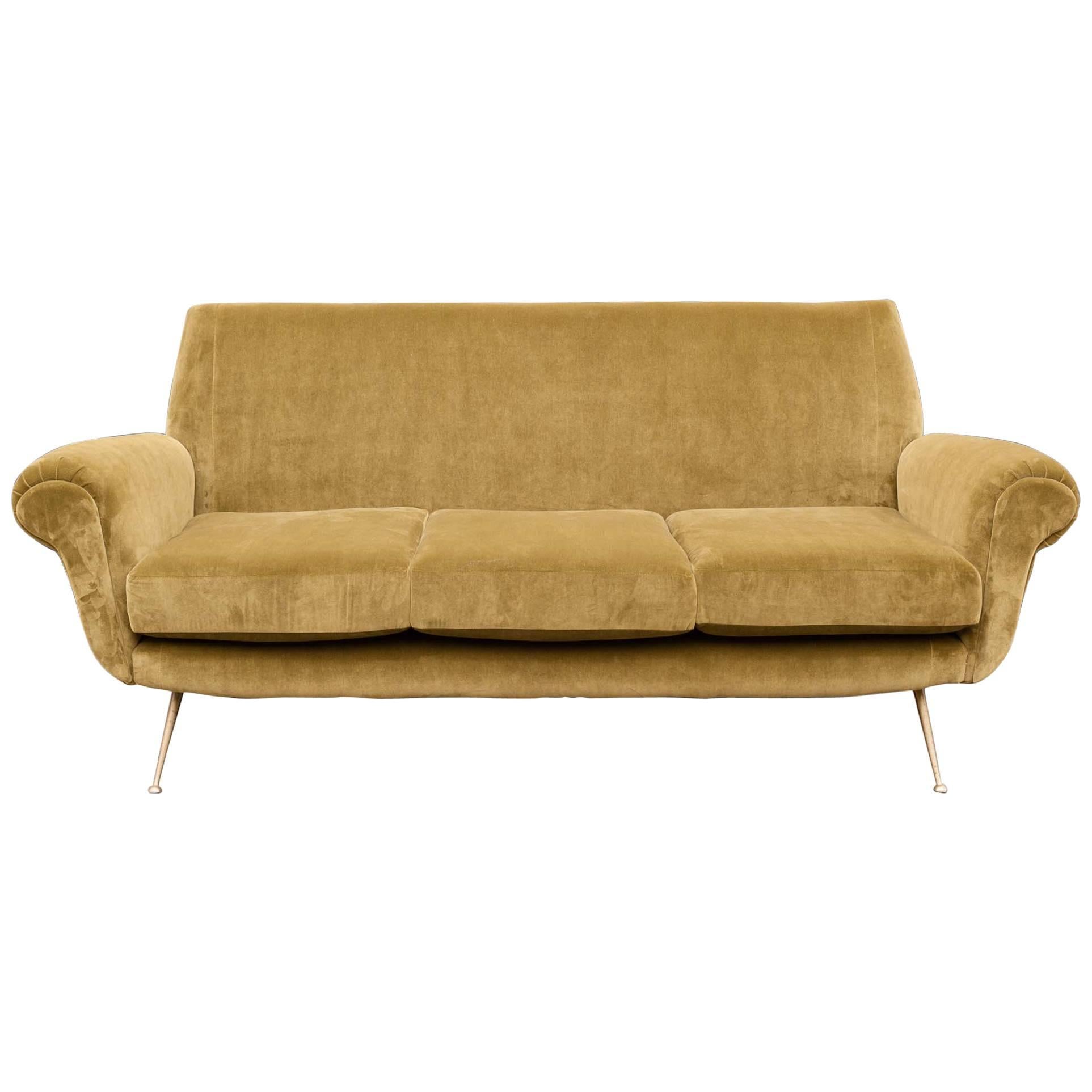 1950s Midcentury Italian Moss Green Velvet Sofa with Feature Brass Legs