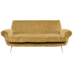 1950s Midcentury Italian Moss Green Velvet Sofa with Feature Brass Legs