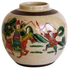 Antique Chinese Export Ceramic Jar Crackle Glaze Hand-Painted Warrior Scene, Late Qing