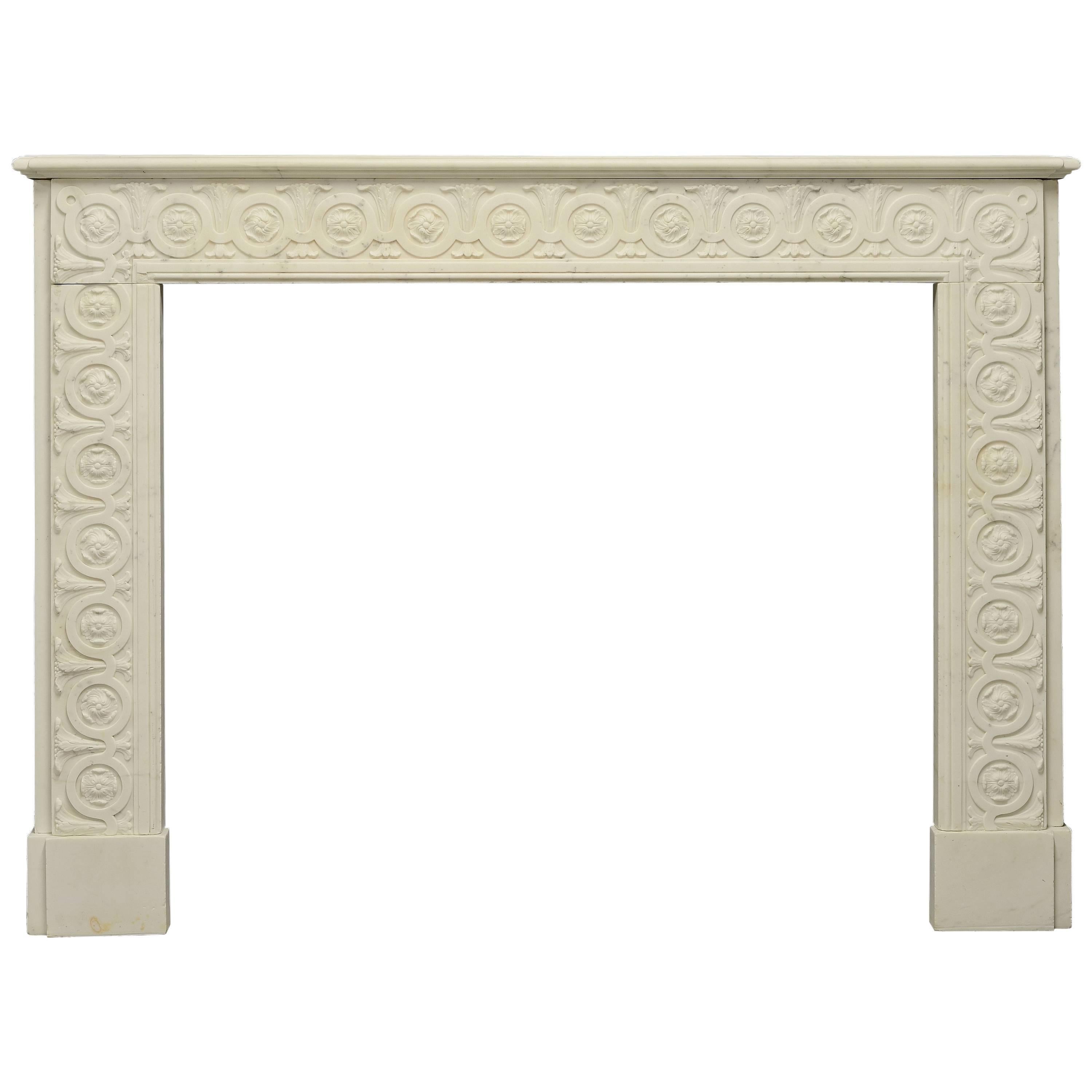 Amazing, White Marble Fireplace with Floral Guilloche Pattern Throughout