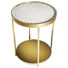 Contemporary Hemlock Side Table in Lacquer Paint White, Polished Brass and Gold