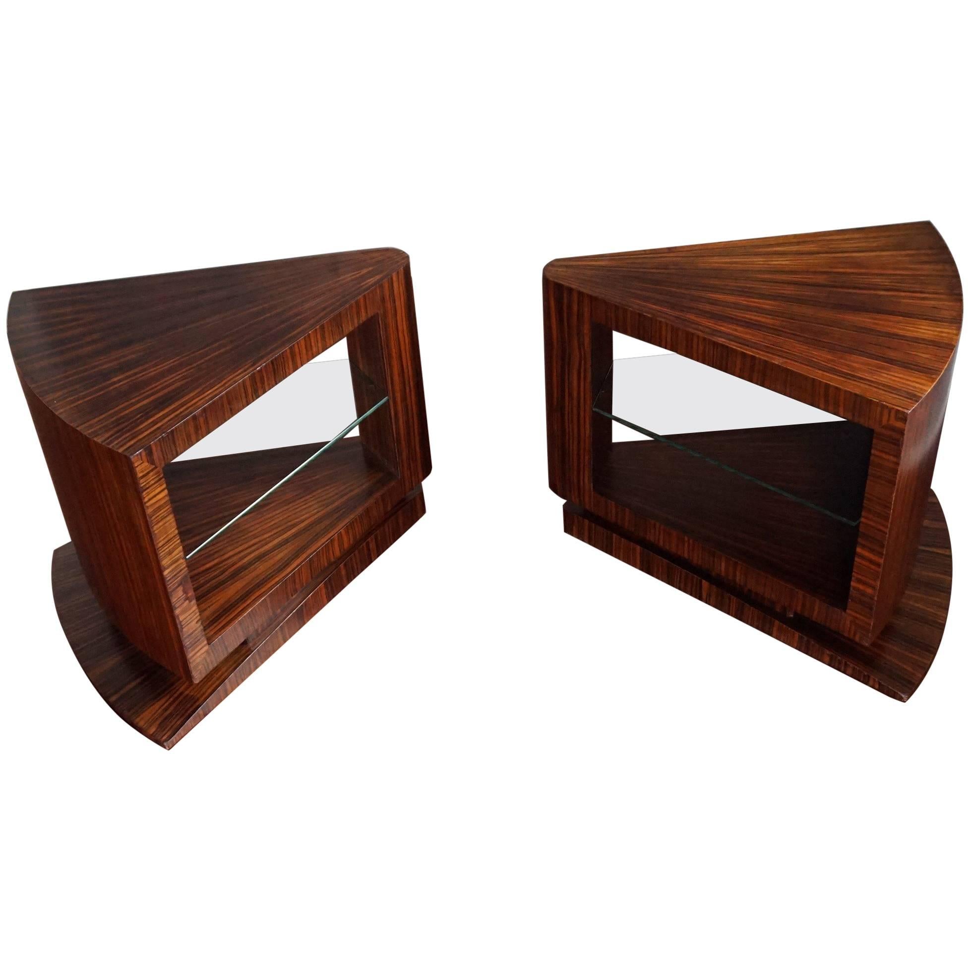 Unique Pair of Art Deco Coffee or Bedside Tables with Beveled Glass Tops