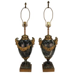 Neoclassical Marble and Bronze Urn Table Lamps, Pair