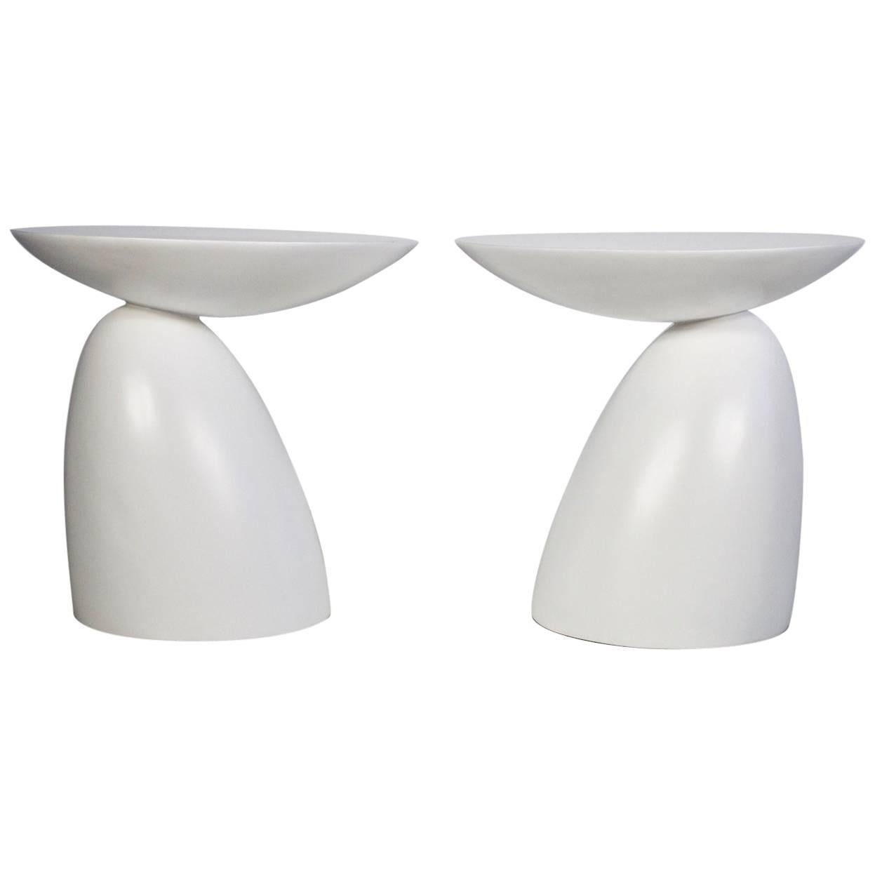 Pair of Round White Fiberglass Side Tables in the Style of Wendell Castle