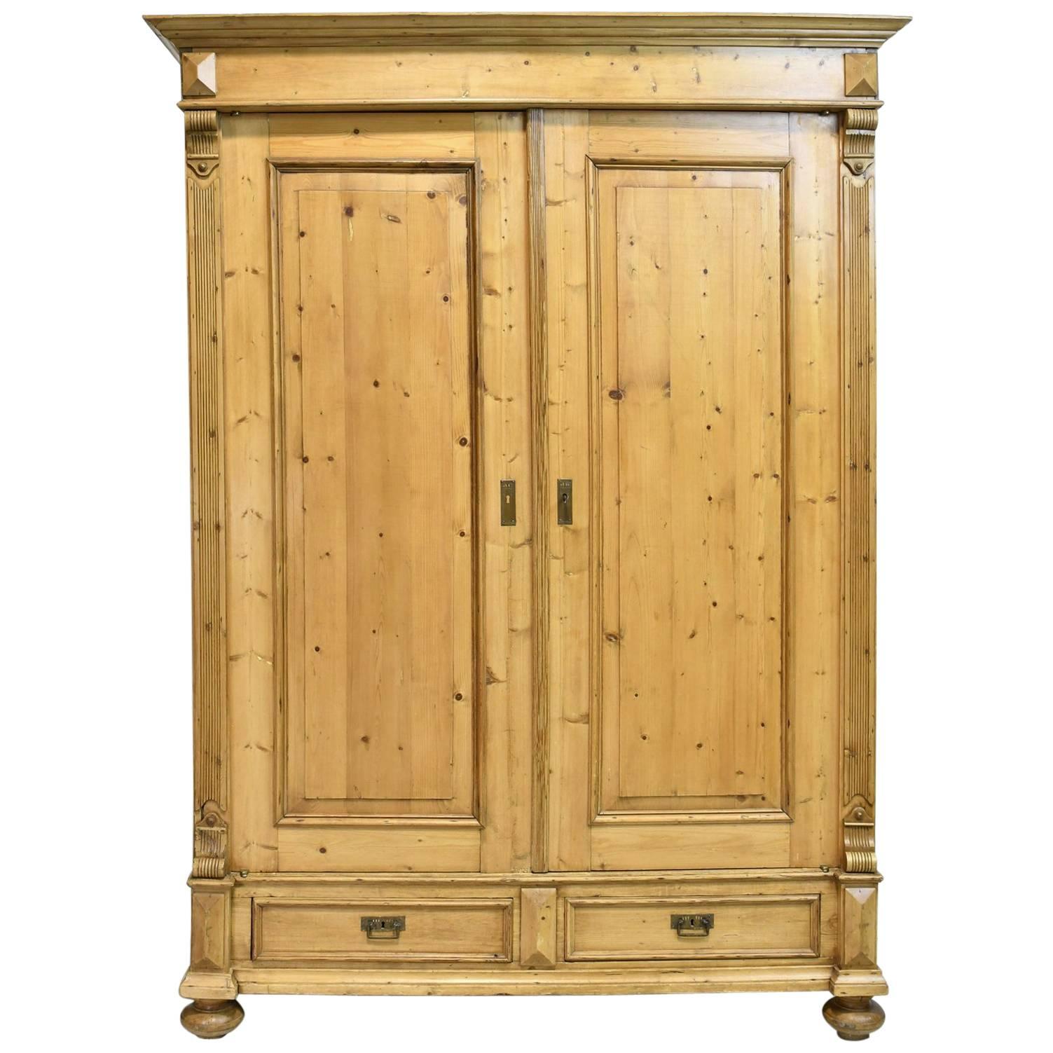 19th Century European Two-Door Armoire in Pine with Drawers & Interior Shelves