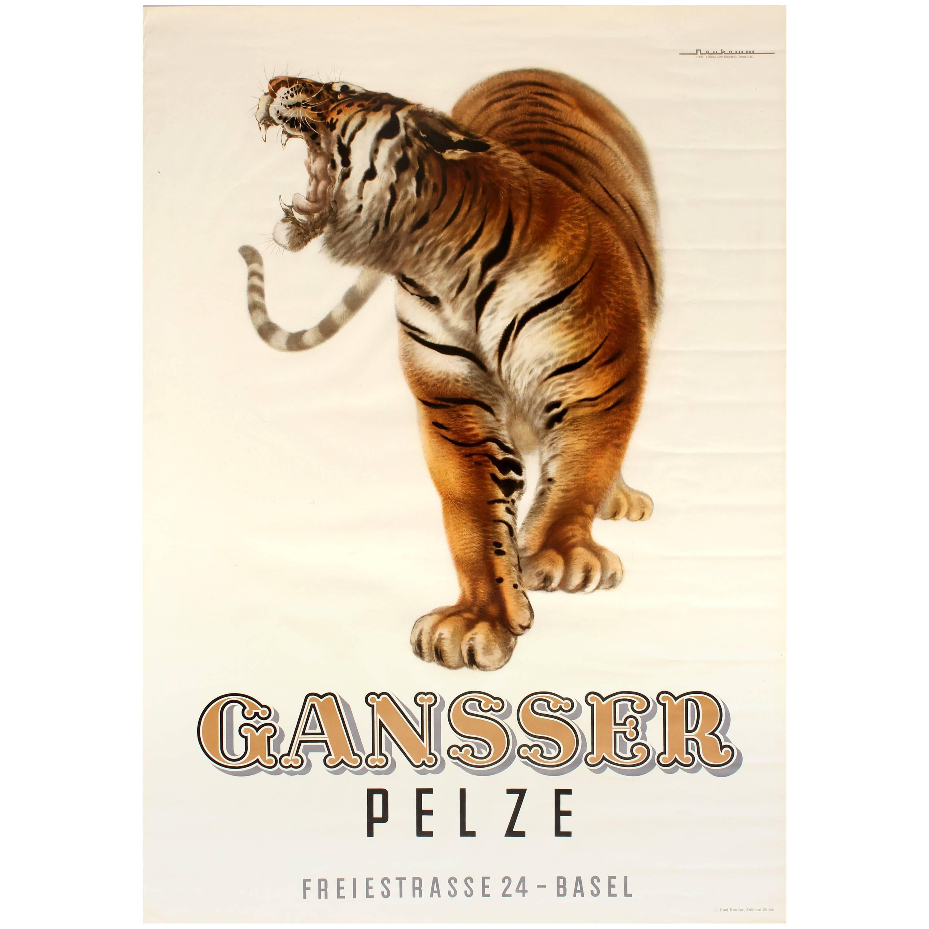 Original Vintage Swiss Advertising Poster For Gansser Pelze Featuring a Tiger