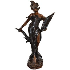Art Nouveau Large Bronze Sculpture Female Lady Figure and Foliage Statue
