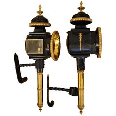 19th Century Pair of Large English Carriage Lamps in Brass and Iron, Wall Lamps