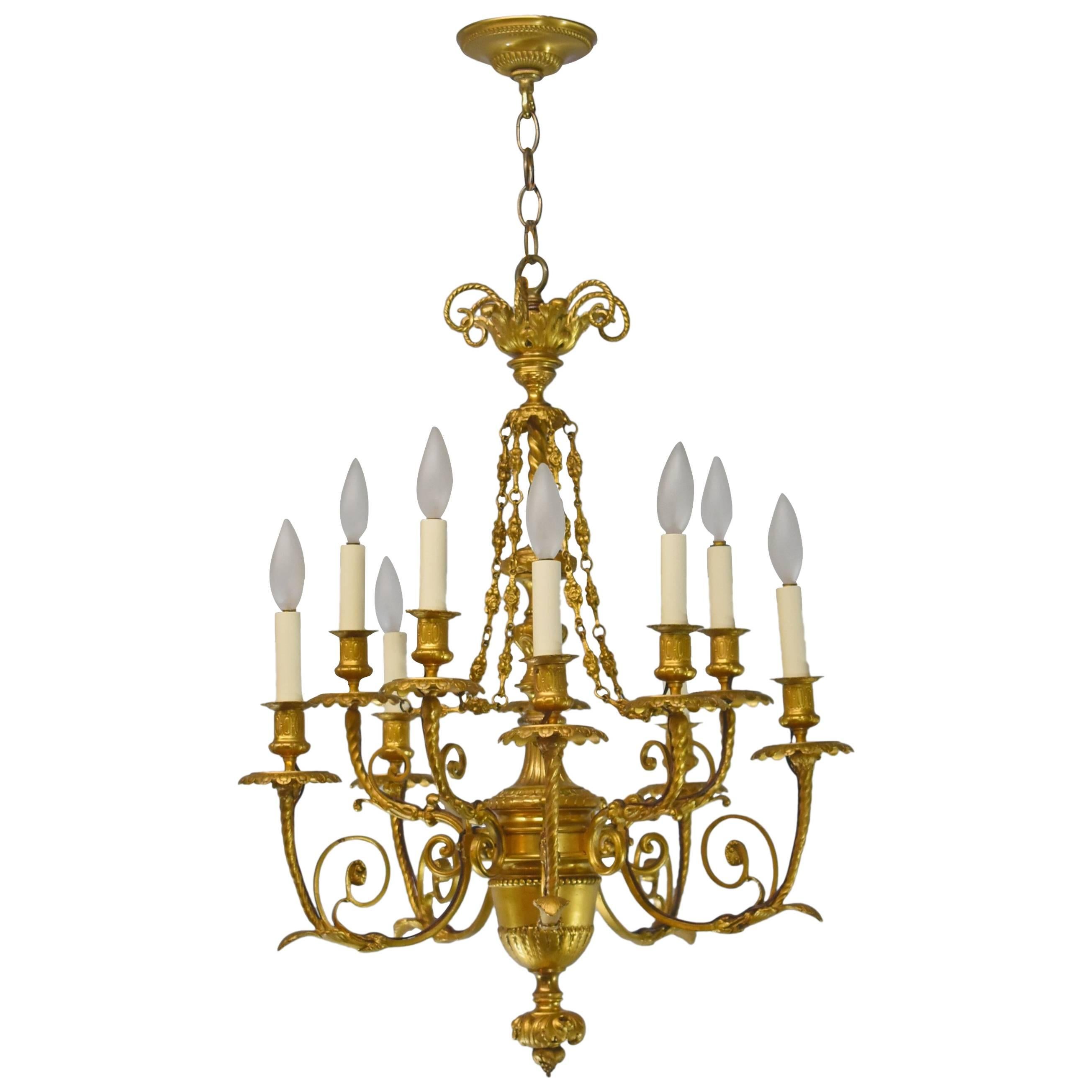 French Style Ten-Arm Bronze Gold Doré Chandelier Rose Swag Details For Sale