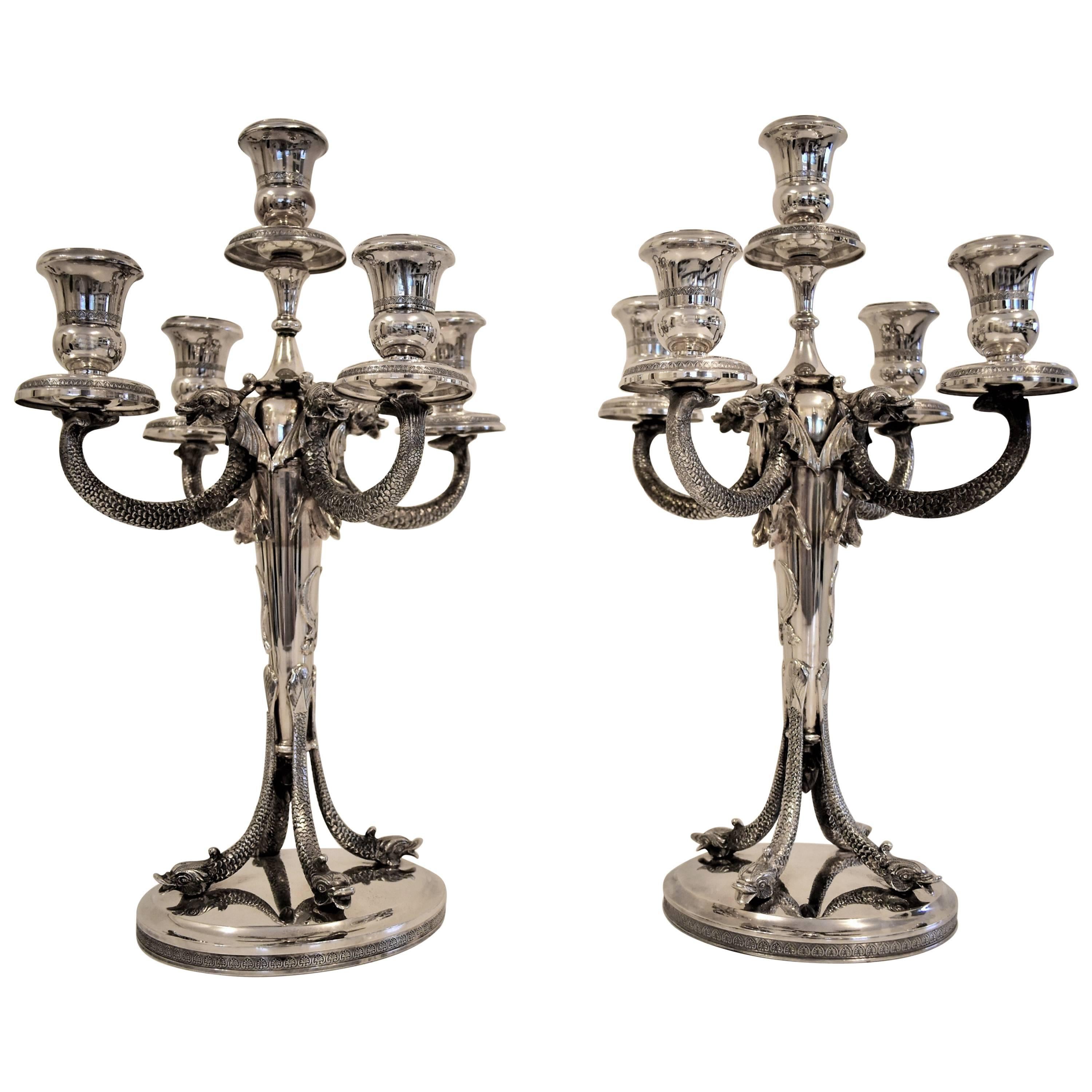 20th Century Silver Five Branch Candlesticks Engraved with Fish Details For Sale