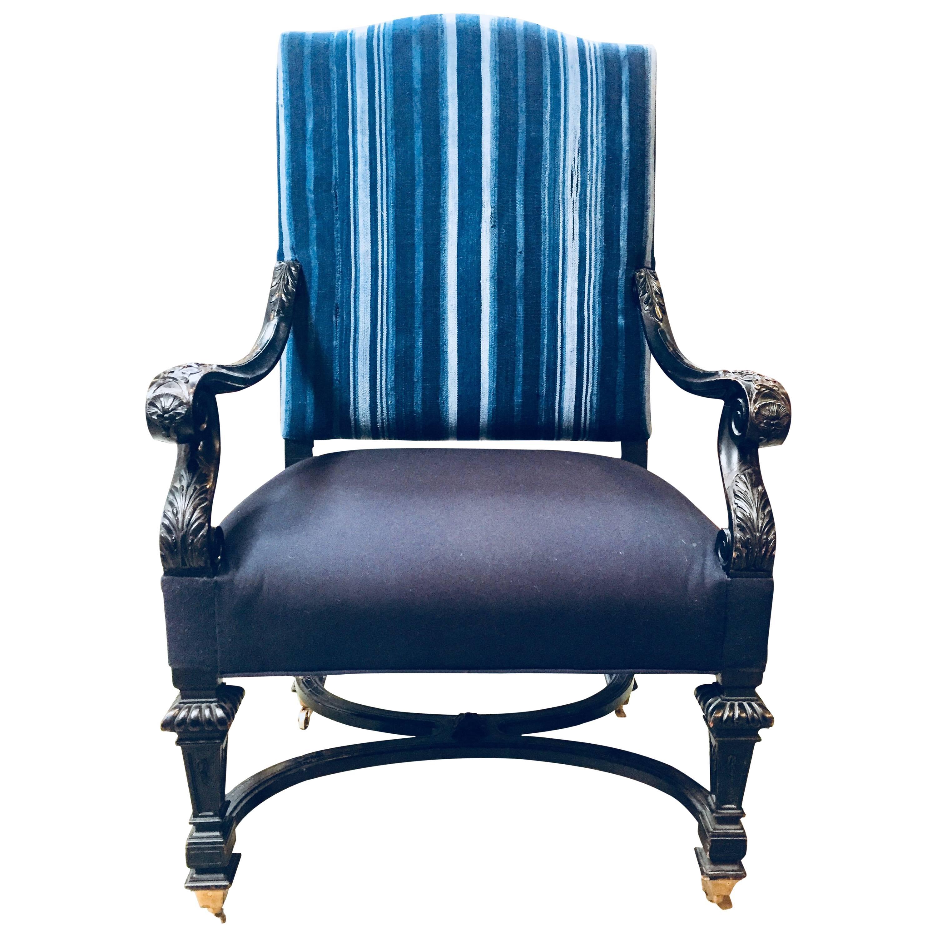 Armchair Covered in Indigo Textile For Sale