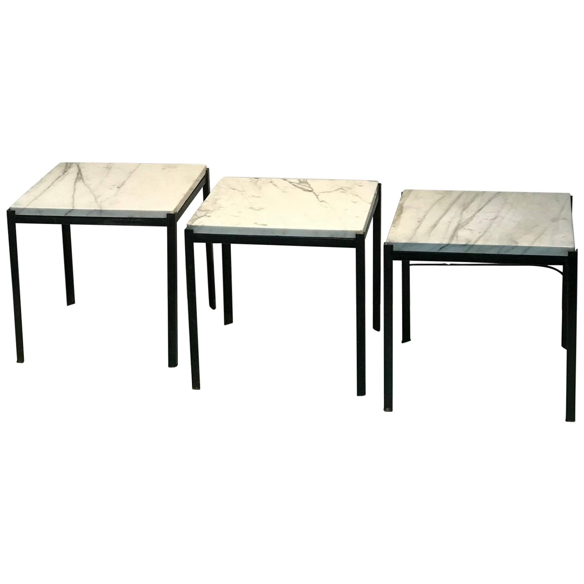 Nesting Tables Set of Three Marble Tops Iron Base For Sale