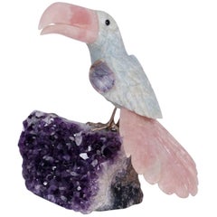 Carved Stone Toucan on an Amethyst Geode