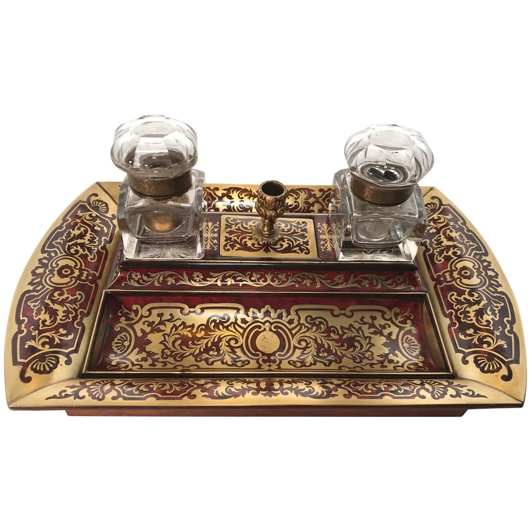 Napoleon 111 Boulle Cut Brass and Scarlet Inkstand
