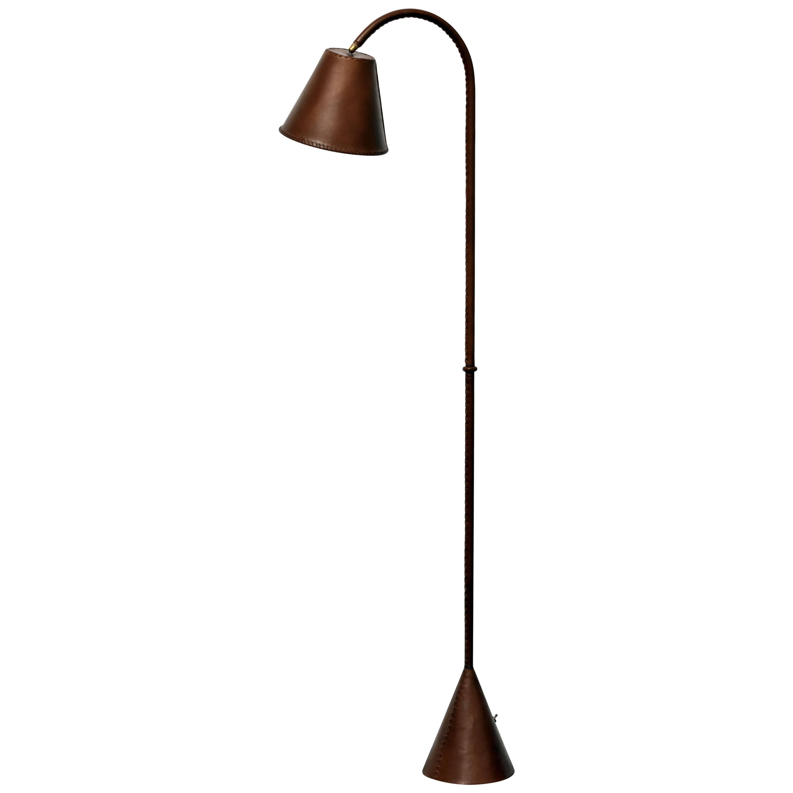 Jacques Adnet Style Floor Lamp in Dark Brown Saddle-Stitched Leather, 1950s