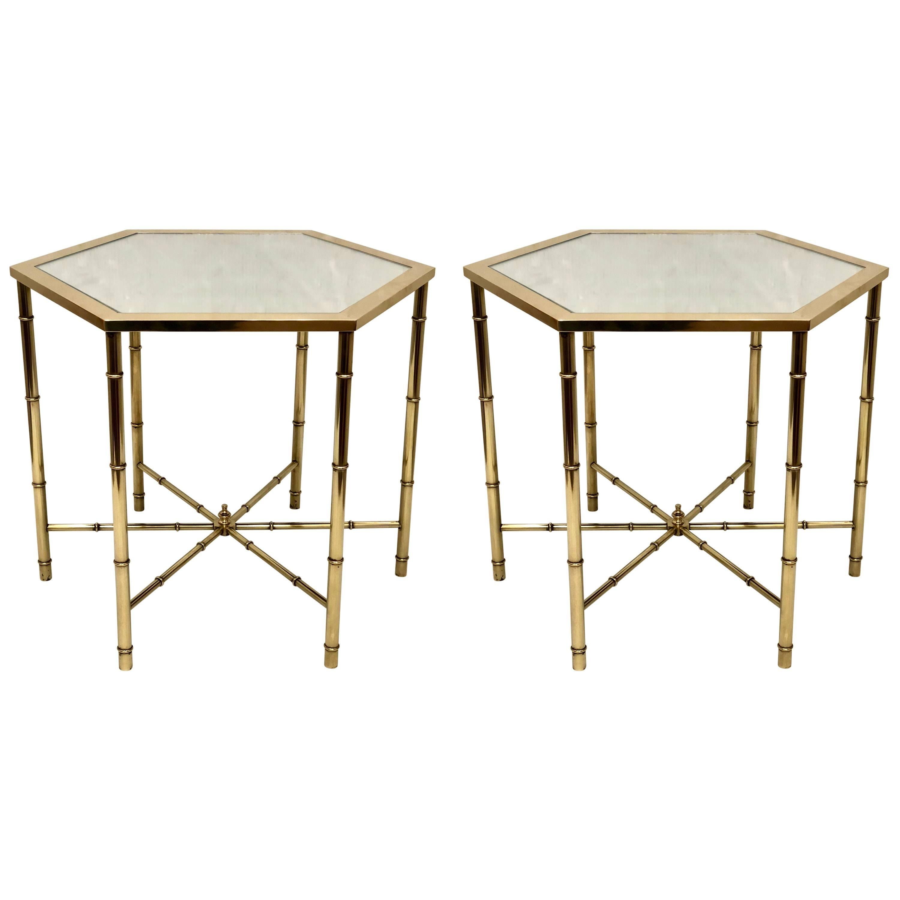 Pair of Polished Brass and Mirror Tops Hexagonal Cocktail Tables by Mastercraft