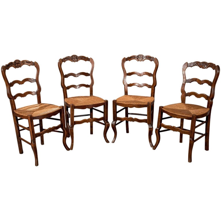 Set of Four Antique Dining Chairs in Dark Beech, French Country Kitchen