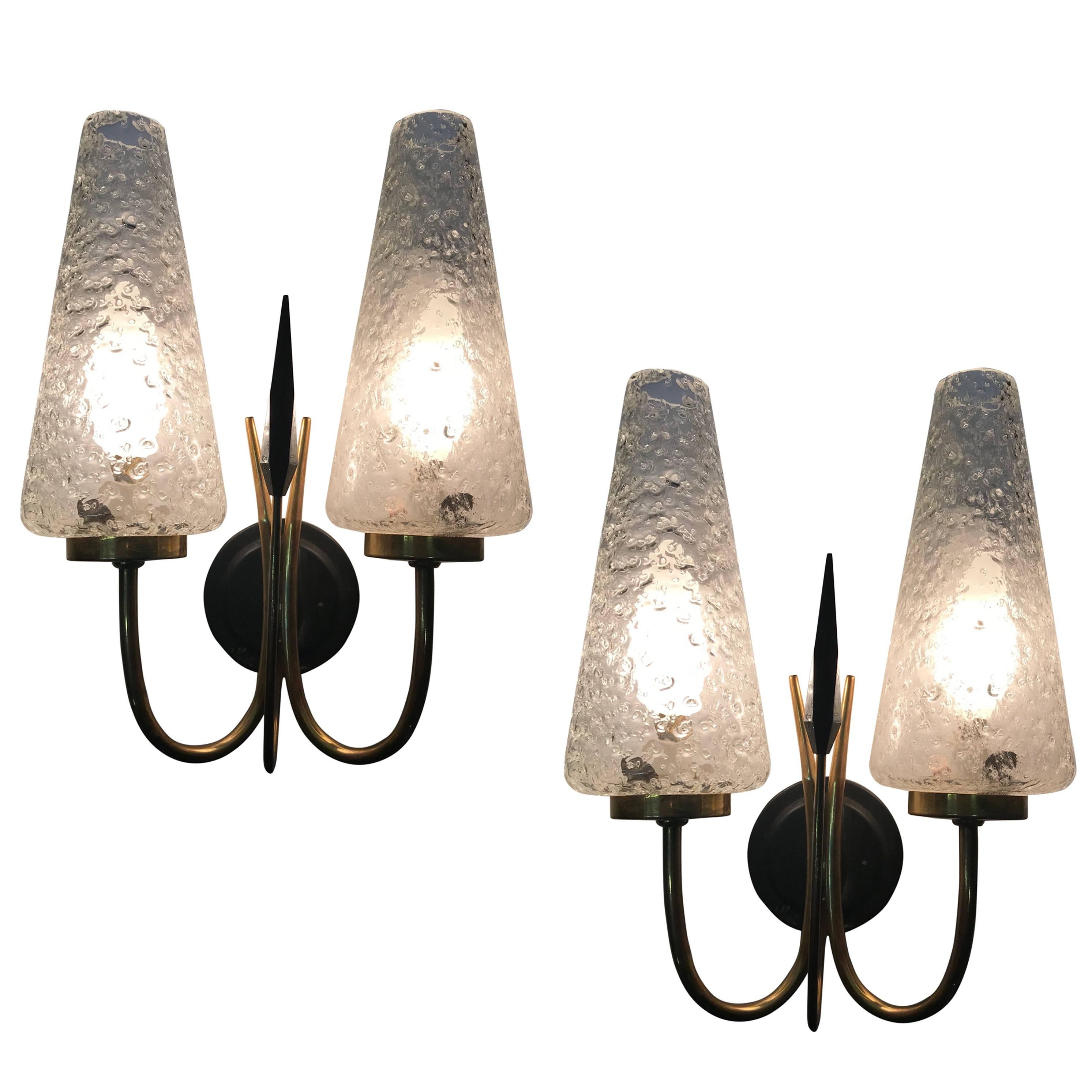French 1950s Textured Glass and Brass Sconces, Pair