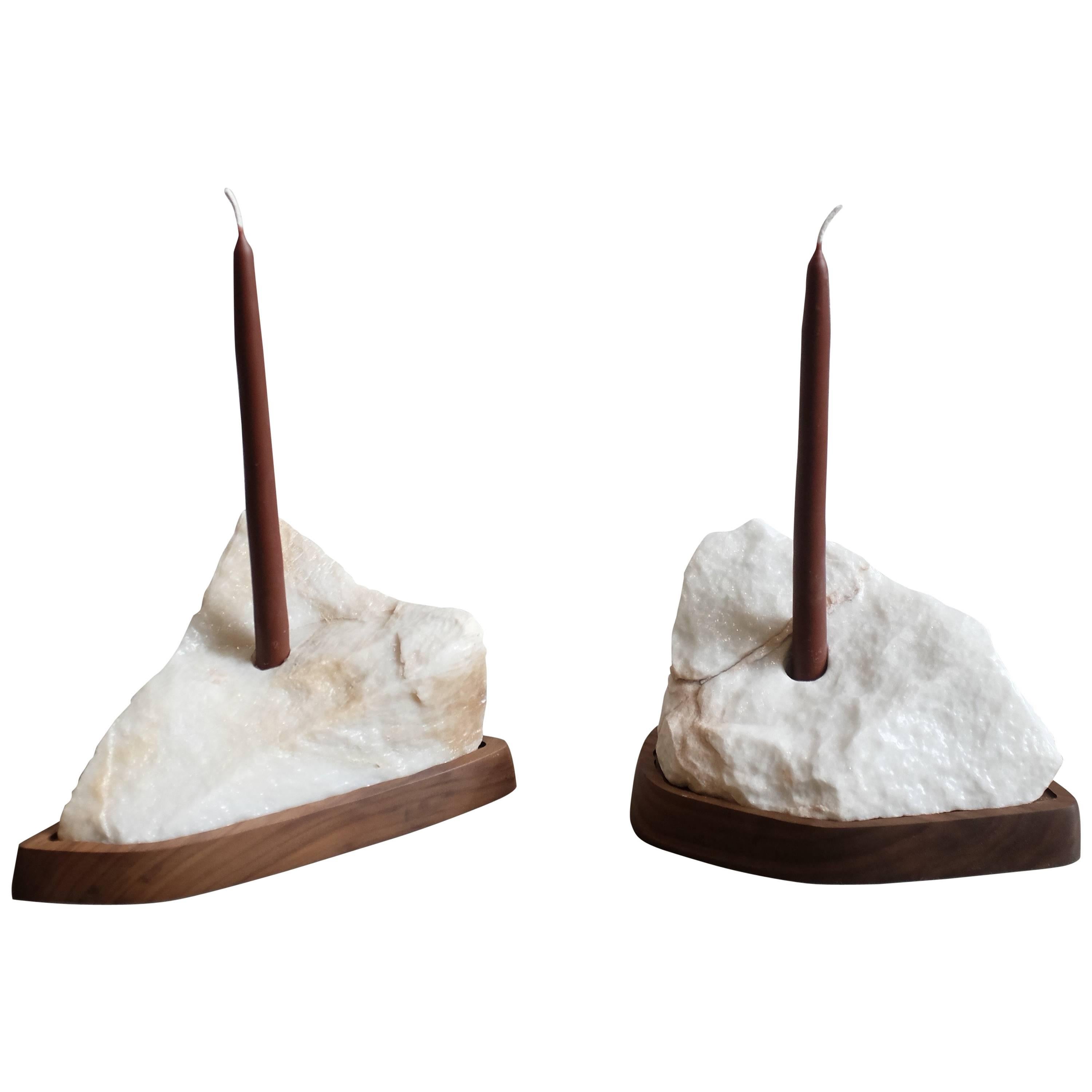 "Contour" Marble and Walnut Candleholders, Pair For Sale