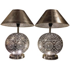 Pair of Round White Brass Table Lamps