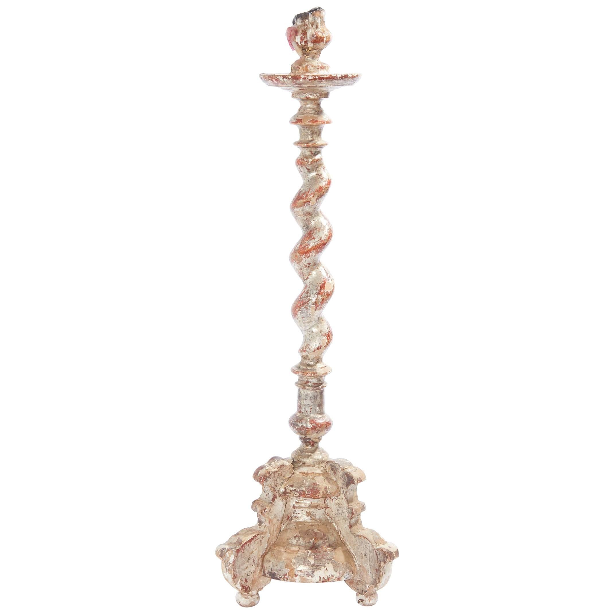 18th Century Italian Painted Twisted Baroque Candlestick 