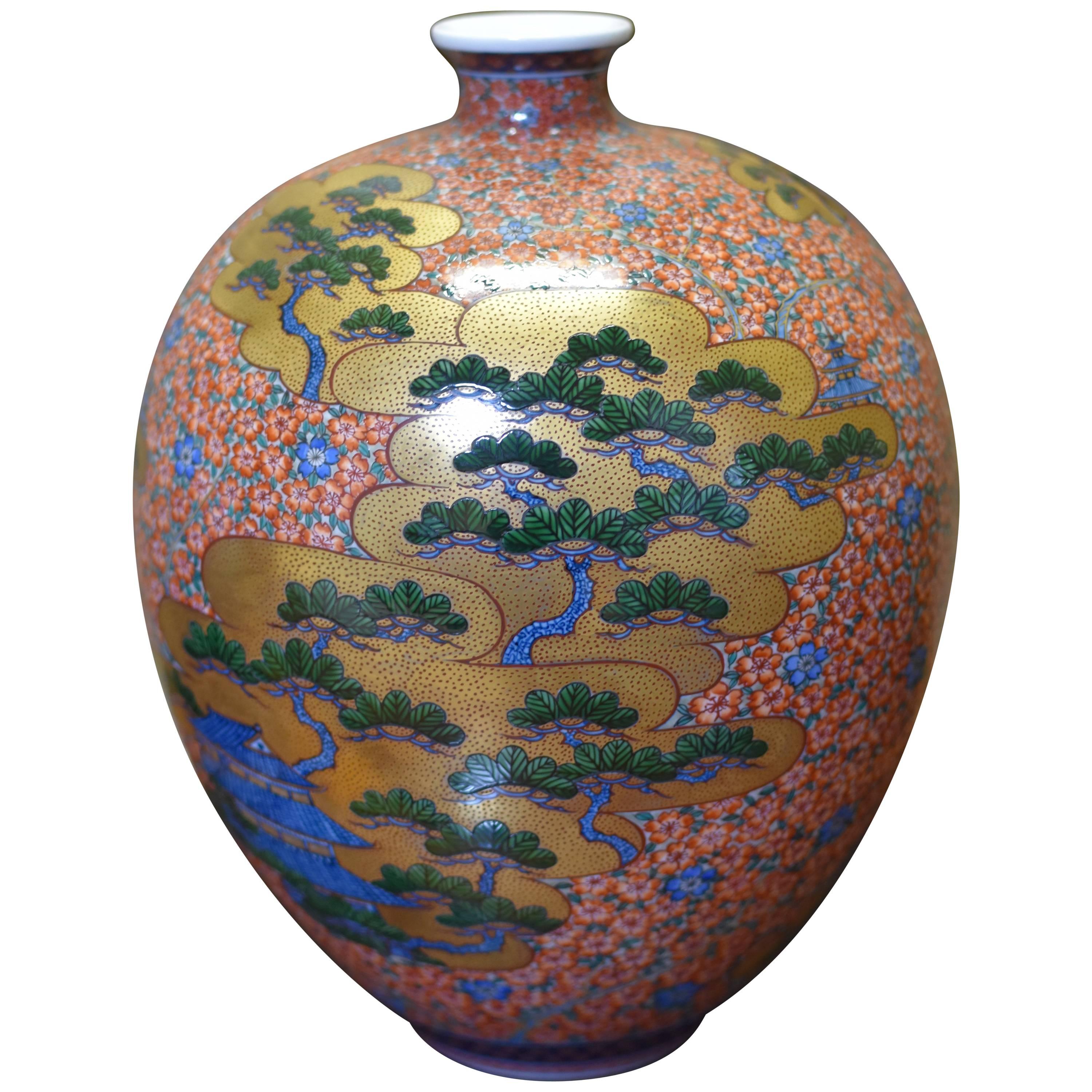 Hand-Painted Gold Green Porcelain Vase by Japanese Master Artist
