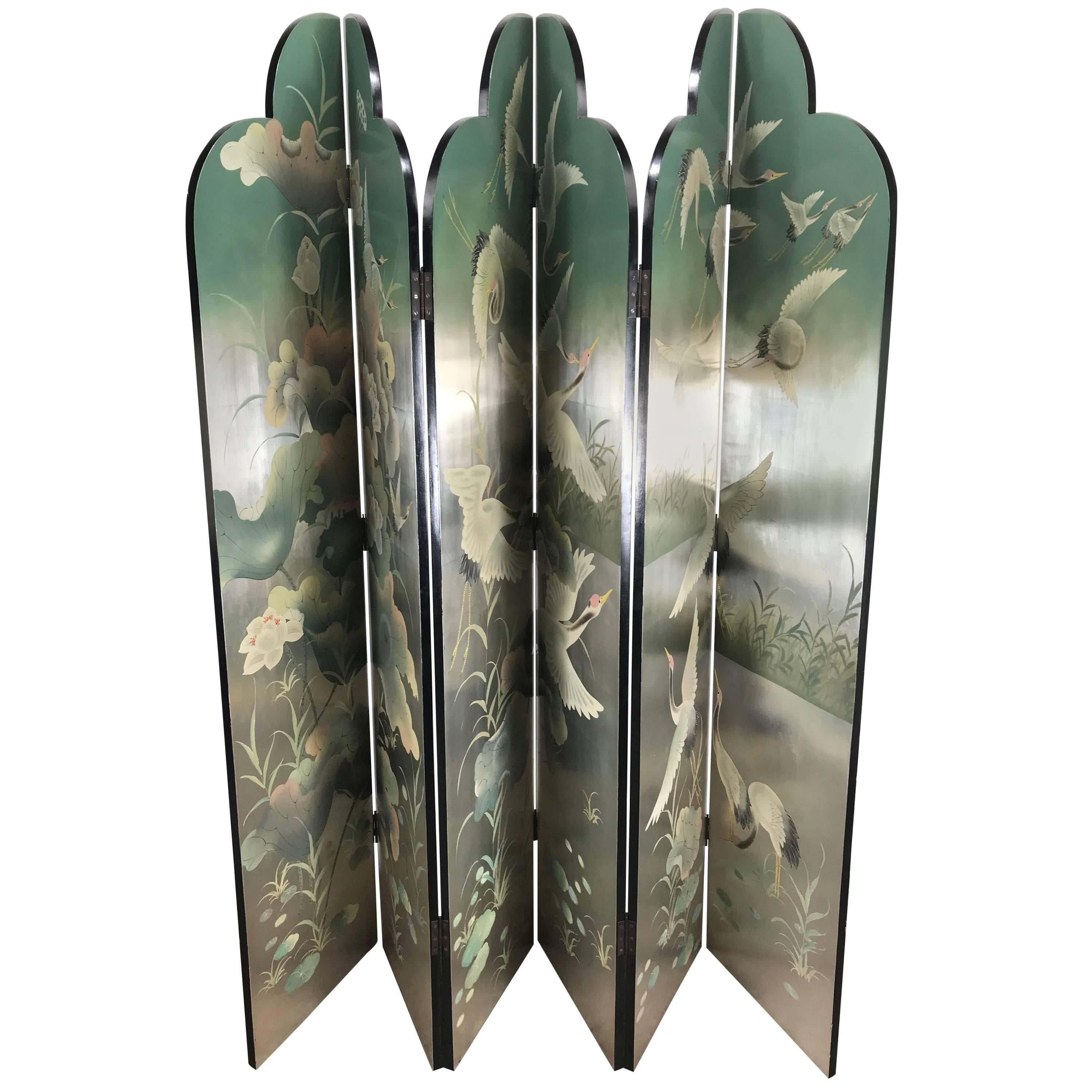Outstanding Six Panel Double-Sided Asian Screen or Room Divider, Silver Leaf