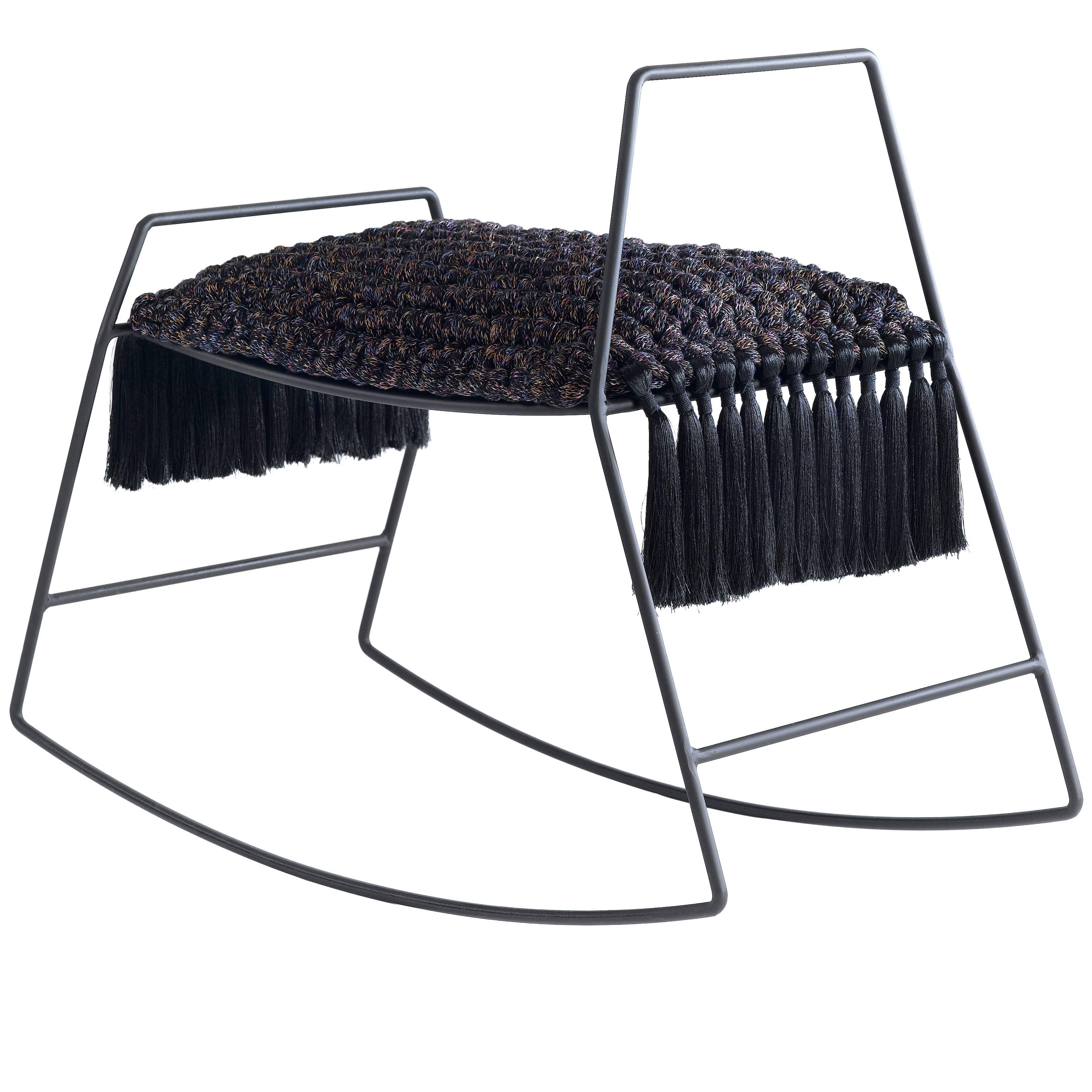 Matte Black Iron Handmade Textile Rocking Horse Stool with Cushion Seat