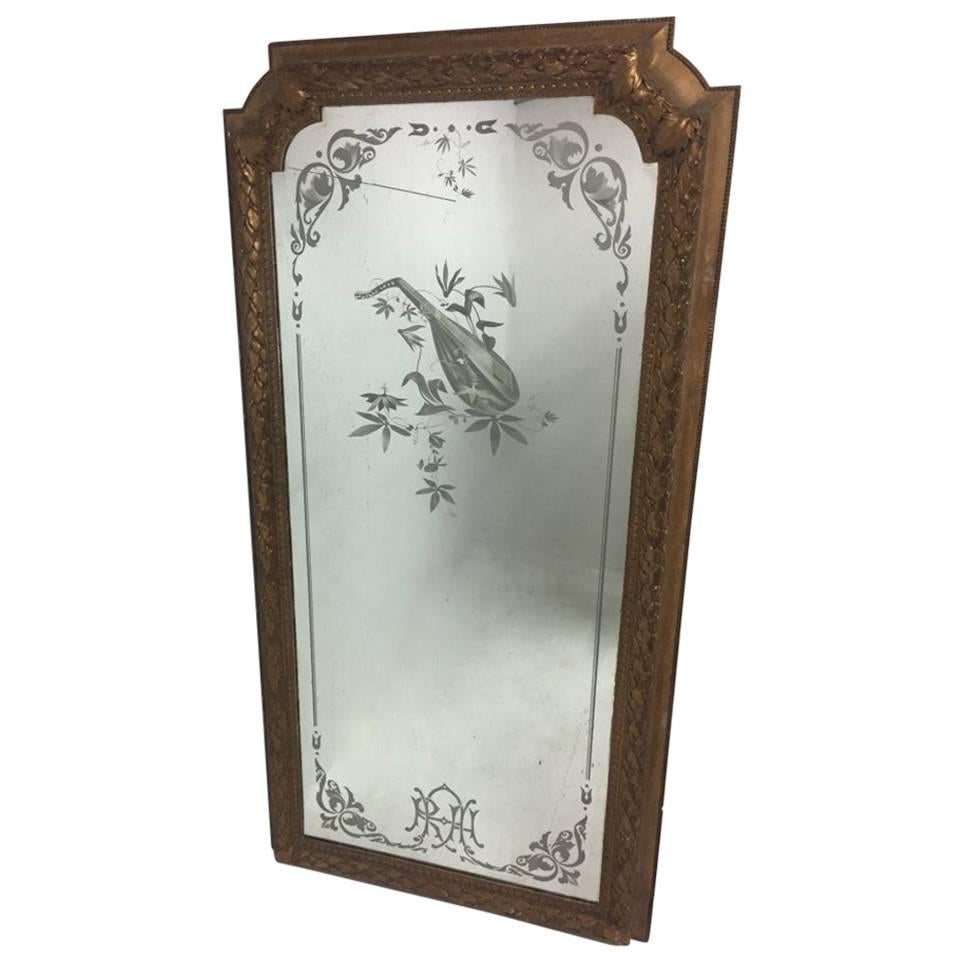 An 8'6" Tall Mirror from the Royal Albert Hall London, engraved with a Mandolin.