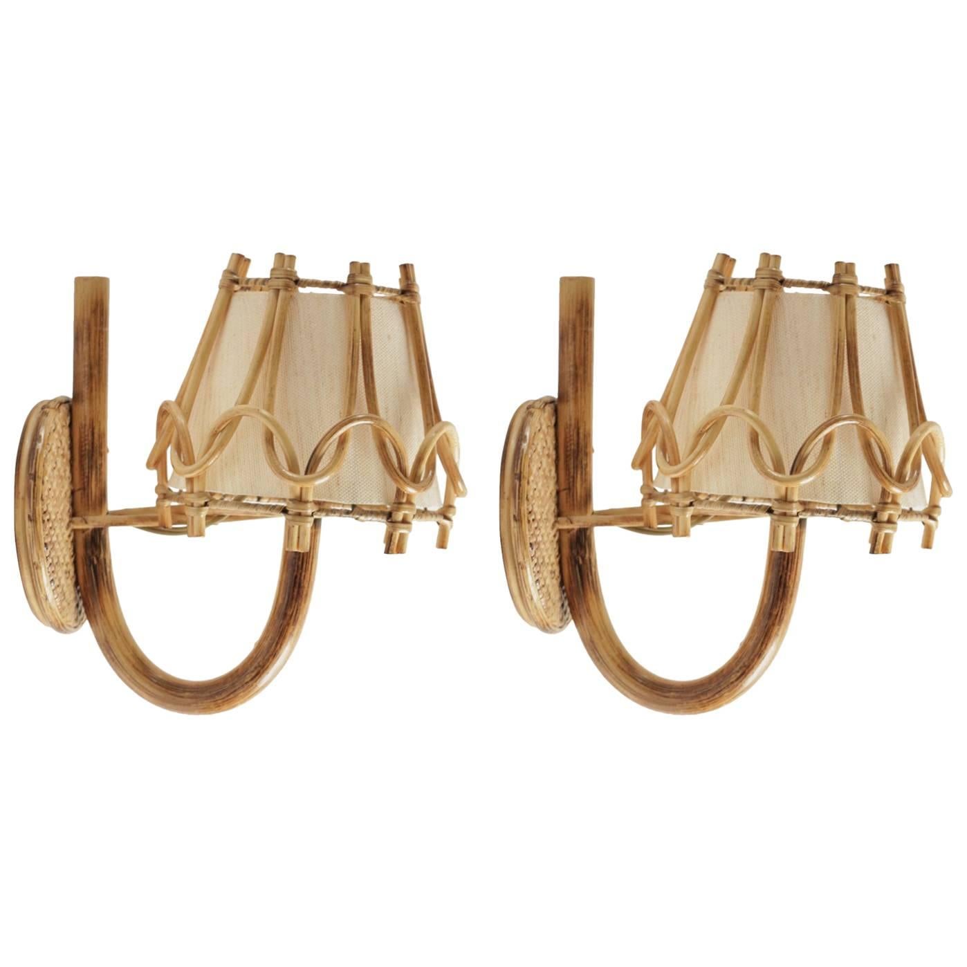 1950 Pair of Rattan Sconces Attributed to Louis Sognot