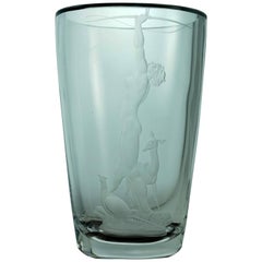 Vintage Orrefors Vicke Lindstrand Art Deco Etched Glass Vase, circa 1936