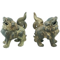 Antique 19th Century Qing Chinese Cast Iron Foo Dogs Lions Incense Burners