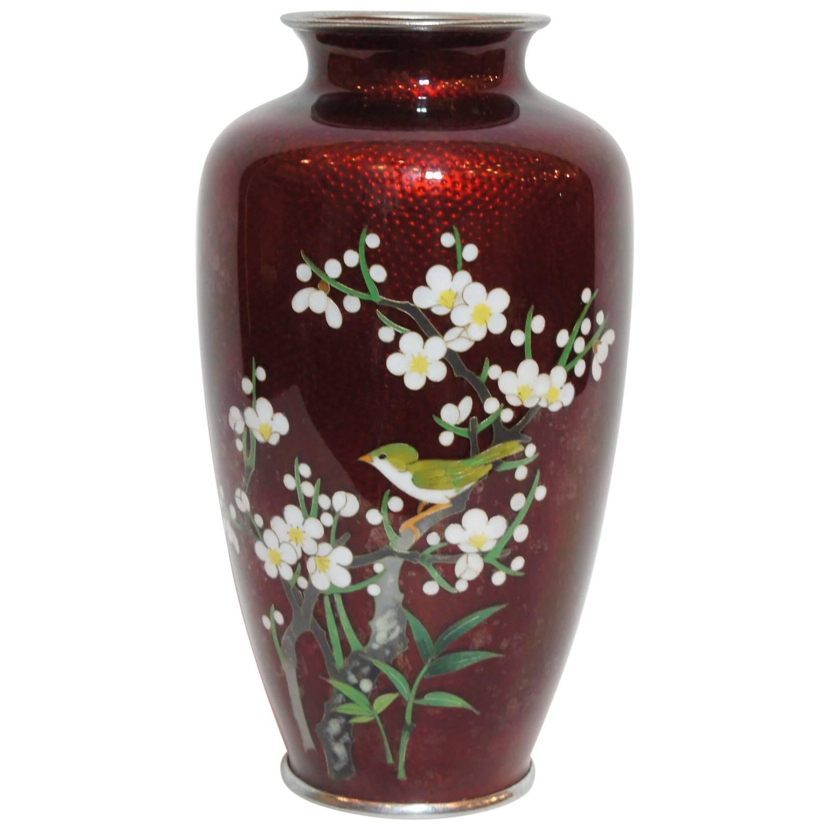 Japanese Flower and Bird Painting on Cloisonné Red Vase, 1950s For Sale