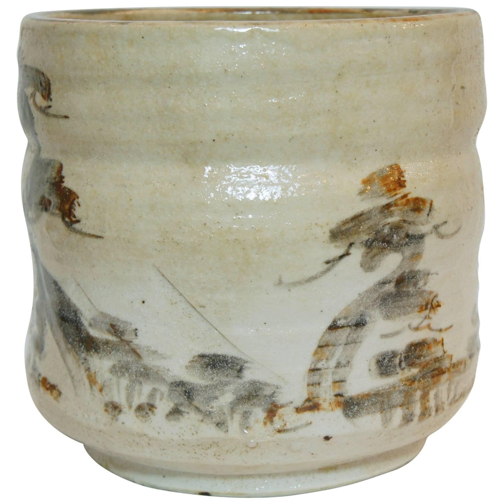 Japanese paysage on White Beige Ceramic  Shino Ware Cachepots, 1950s  For Sale