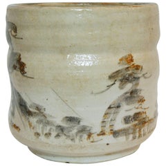 Japanese paysage on White Beige Ceramic  Shino Ware Cachepots, 1950s