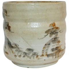 Vintage Japanese paysage on White Beige Ceramic  Shino Ware Cachepots, 1950s 